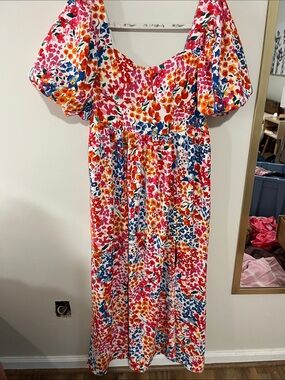 Vibrant Floral Puff-Sleeve Maxi Dress - Pink, Orange & Blue